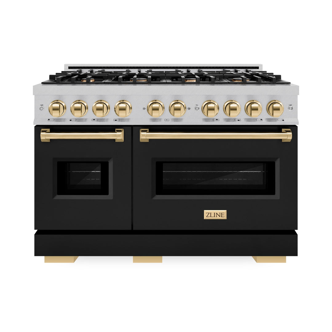 ZLINE Autograph Edition 48 in. 6.7 cu. ft. Classic Double Oven Gas Range with 8 Burner Cooktop in Satin Stainless Steel with Black Matte Doors and Polished Gold Accents (CGRSZ-BLM-48-G)