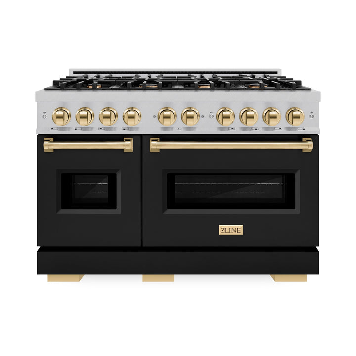 ZLINE Autograph Edition 48 in. 6.7 cu. ft. Classic Double Oven Gas Range with 8 Burner Cooktop in Satin Stainless Steel with Black Matte Doors and Polished Gold Accents (CGRSZ-BLM-48-G)