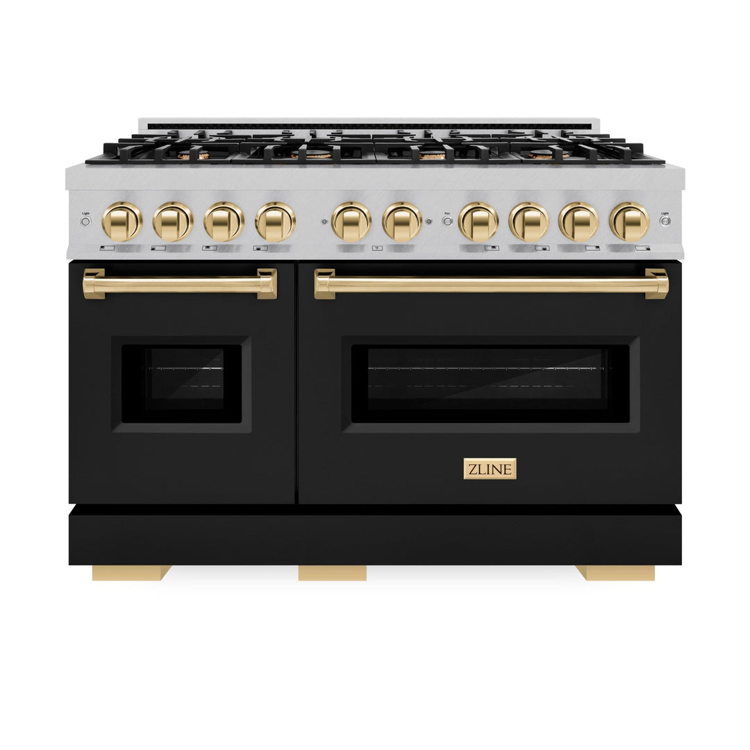 ZLINE Autograph Edition 48 in. 6.7 cu. ft. Classic Double Oven Gas Range with 8 Burner Cooktop in Satin Stainless Steel with Black Matte Doors and Polished Gold Accents (CGRSZ-BLM-48-G)