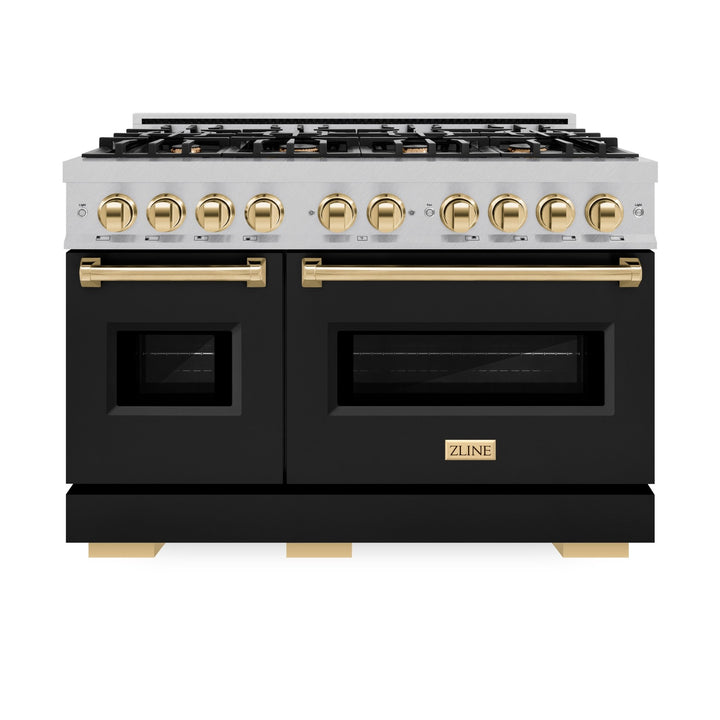 ZLINE Autograph Edition 48 in. 6.7 cu. ft. Classic Double Oven Gas Range with 8 Burner Cooktop in Satin Stainless Steel with Black Matte Doors and Polished Gold Accents (CGRSZ-BLM-48-G)