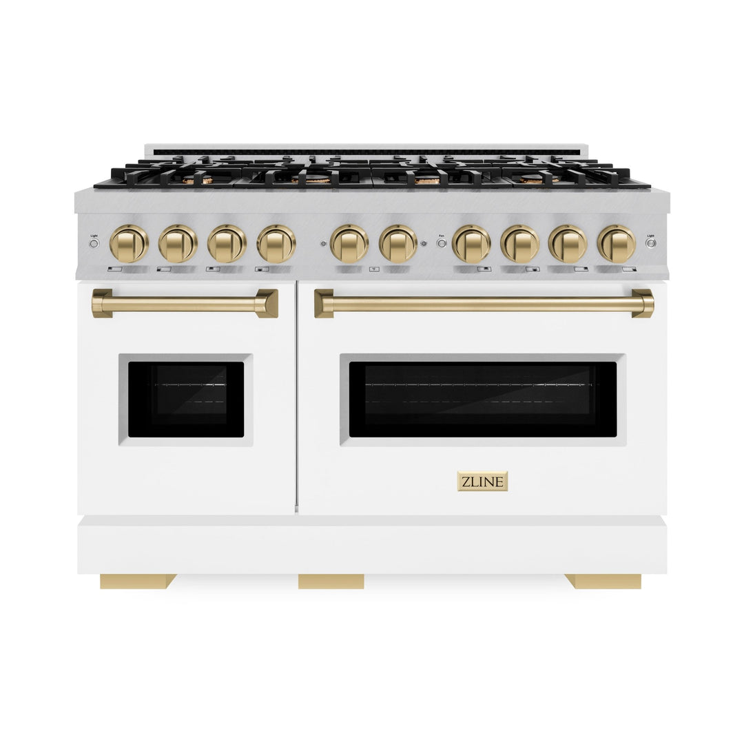 ZLINE Autograph Edition 48 in. 6.7 cu. ft. Classic Double Oven Gas Range with 8 Burner Cooktop in Satin Stainless Steel with White Matte Doors and Champagne Bronze Accents (CGRSZ-WM-48-CB)