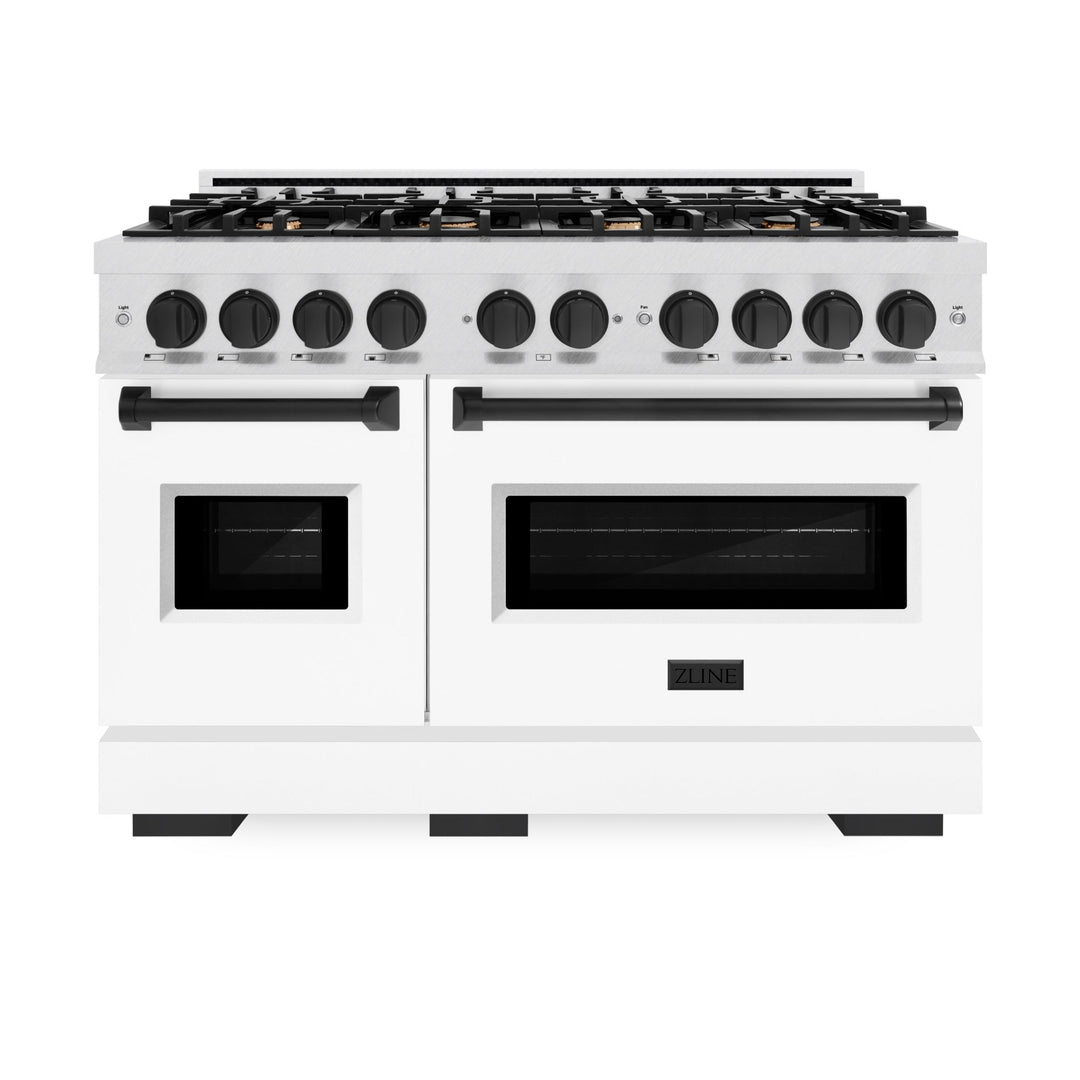 ZLINE Autograph Edition 48 in. 6.7 cu. ft. Classic Double Oven Gas Range with 8 Burner Cooktop in Satin Stainless Steel with White Matte Doors and Matte Black Accents (CGRSZ-WM-48-MB)