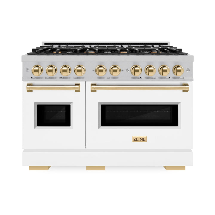 ZLINE Autograph Edition 48 in. 6.7 cu. ft. Classic Double Oven Gas Range with 8 Burner Cooktop in Satin Stainless Steel with White Matte Doors and Polished Gold Accents (CGRSZ-WM-48-G)