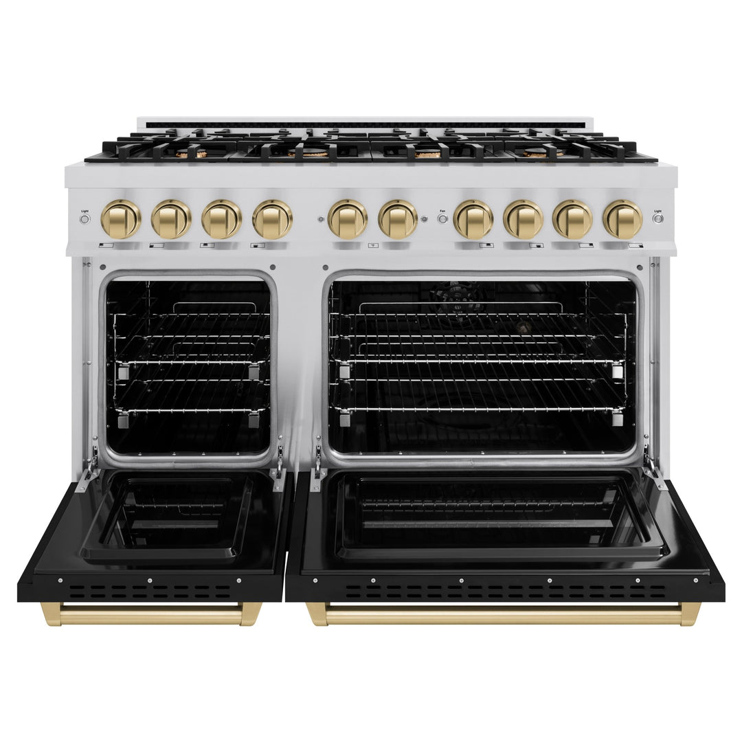 ZLINE Autograph Edition 48 in. 6.7 cu. ft. Classic Double Oven Gas Range with 8 Burner Cooktop in Stainless Steel with Black Matte Doors and Champagne Bronze Accents (CGRZ-BLM-48-CB)