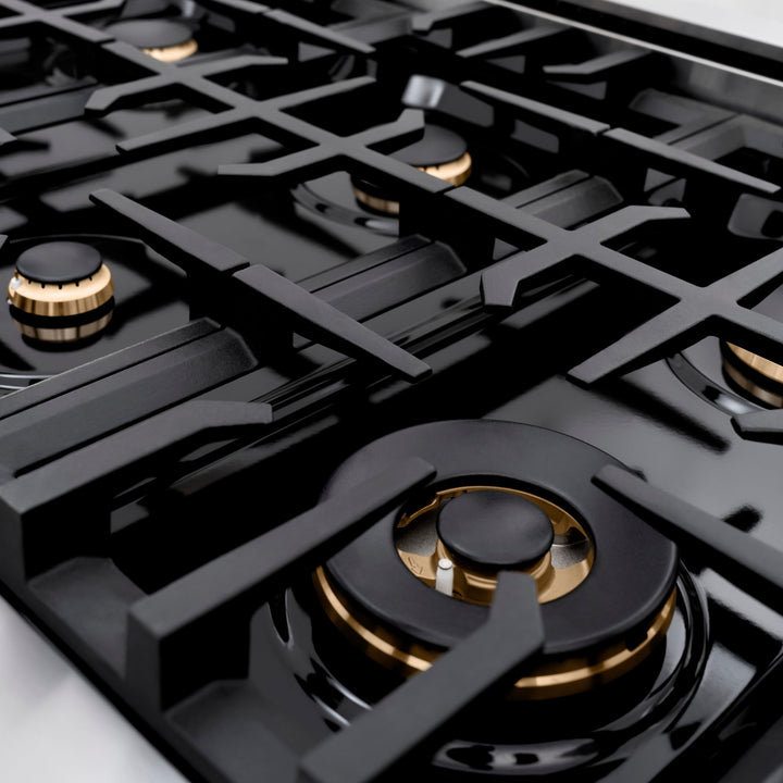 ZLINE Autograph Edition 48 in. 6.7 cu. ft. Classic Double Oven Gas Range with 8 Burner Cooktop in Stainless Steel with Black Matte Doors and Polished Gold Accents (CGRZ-BLM-48-G)