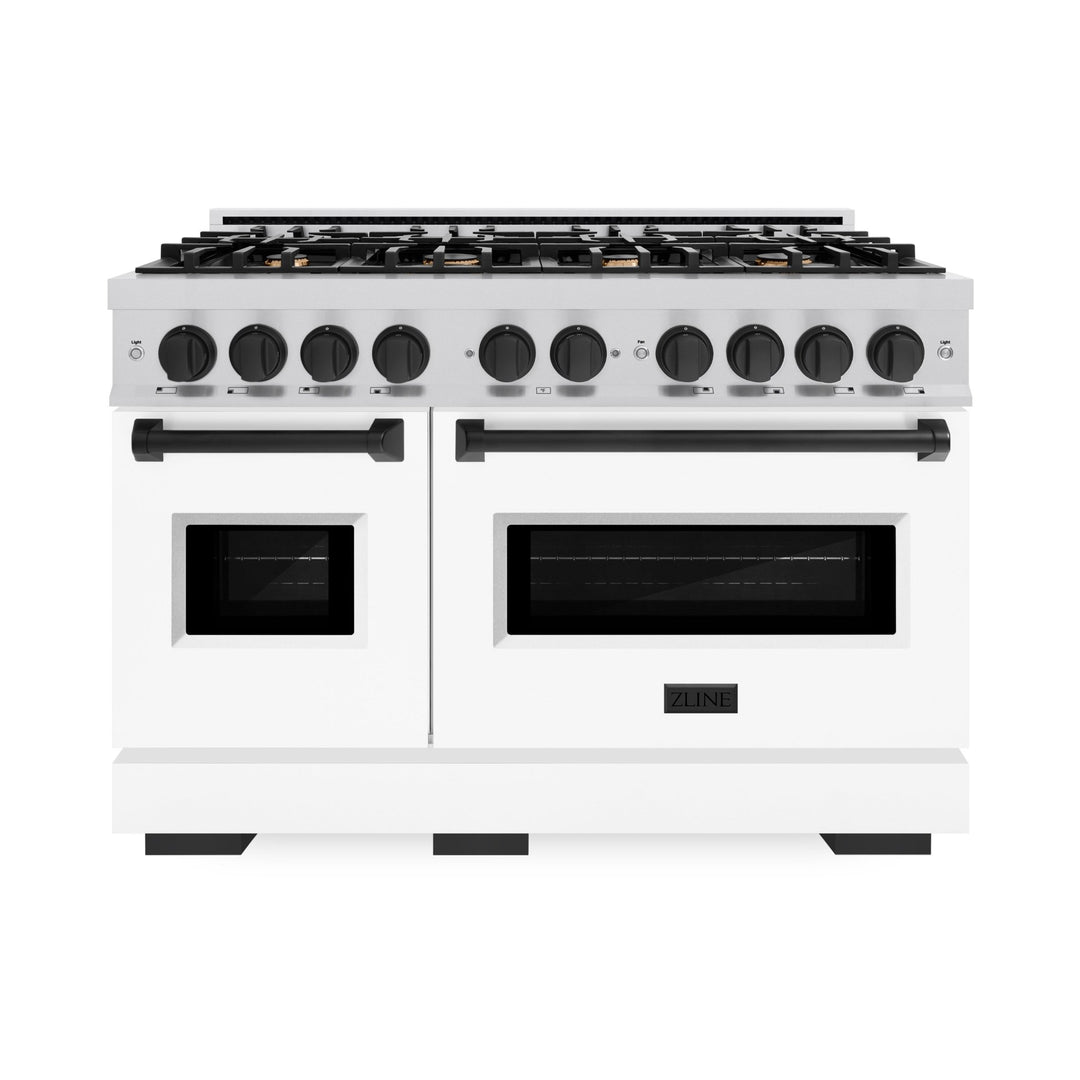ZLINE Autograph Edition 48 in. 6.7 cu. ft. Classic Double Oven Gas Range with 8 Burner Cooktop in Stainless Steel with White Matte Doors and Matte Black Accents (CGRZ-WM-48-MB)
