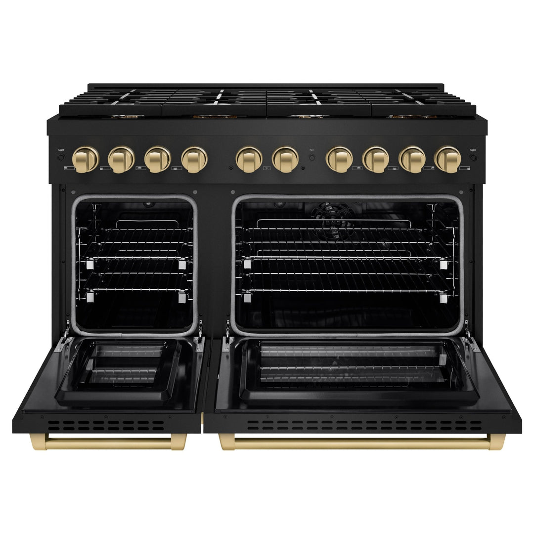 ZLINE Autograph Edition 48 in. 6.7 cu. ft. Paramount Double Oven Dual Fuel Range with 8 Burner Gas Cooktop in Black Stainless Steel and Champagne Bronze Accents (SDRBZ-48-CB)