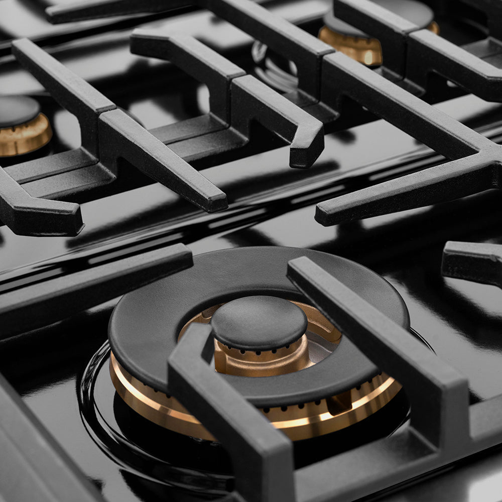 ZLINE Autograph Edition 48 in. 6.7 cu. ft. Paramount Double Oven Dual Fuel Range with 8 Burner Gas Cooktop in Black Stainless Steel and Champagne Bronze Helix Handles and Knob Accents (SDRBZ-48-KCB)