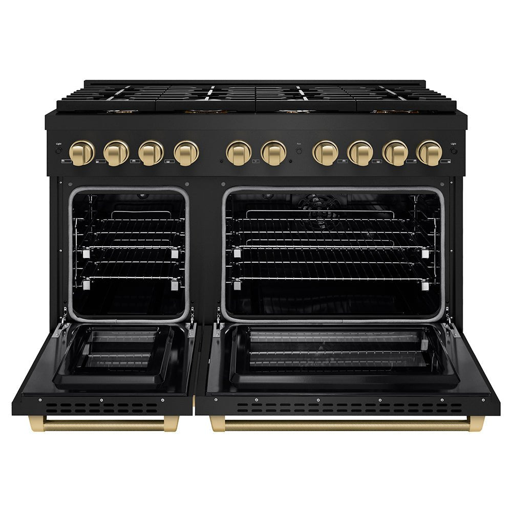 ZLINE Autograph Edition 48 in. 6.7 cu. ft. Paramount Double Oven Dual Fuel Range with 8 Burner Gas Cooktop in Black Stainless Steel and Champagne Bronze Helix Handles and Knob Accents (SDRBZ-48-KCB)