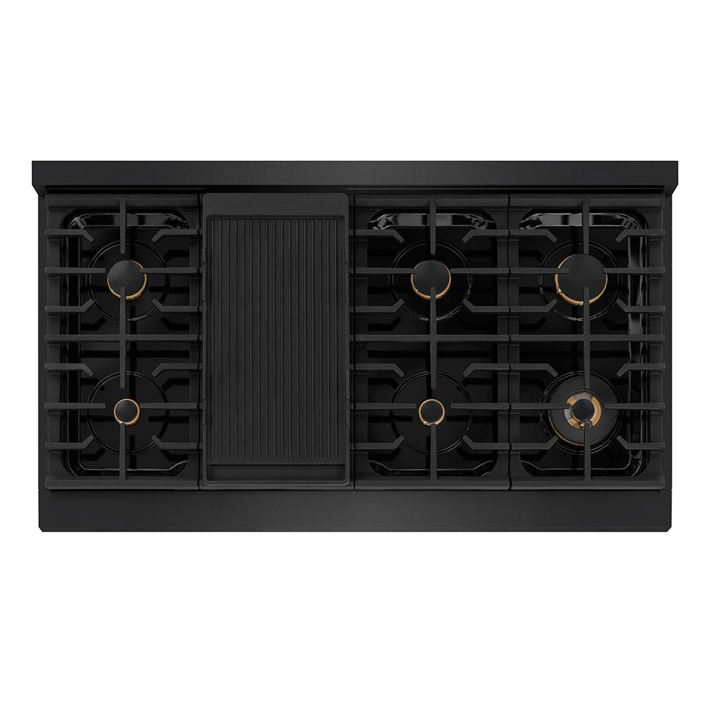 ZLINE Autograph Edition 48 in. 6.7 cu. ft. Paramount Double Oven Dual Fuel Range with 8 Burner Gas Cooktop in Black Stainless Steel and Polished Gold Helix Handles and Knob Accents (SDRBZ-48-KG)