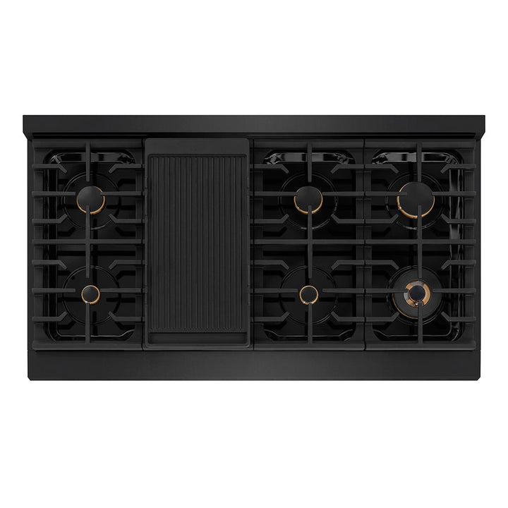 ZLINE Autograph Edition 48 in. 6.7 cu. ft. Paramount Double Oven Dual Fuel Range with 8 Burner Gas Cooktop in Black Stainless Steel and Polished Gold Helix Handles and Knob Accents (SDRBZ-48-KG)
