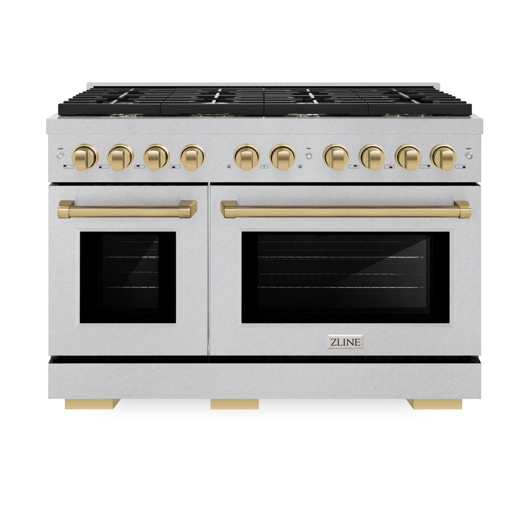 ZLINE Autograph Edition 48 in. 6.7 cu. ft. Paramount Double Oven Dual Fuel Range with 8 Burner Gas Cooktop in Satin Stainless Steel and Champagne Bronze Accents (SDRSZ-48-CB)