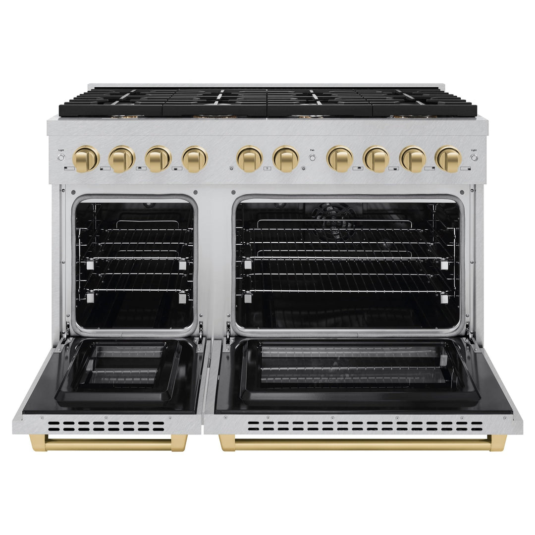 ZLINE Autograph Edition 48 in. 6.7 cu. ft. Paramount Double Oven Dual Fuel Range with 8 Burner Gas Cooktop in Satin Stainless Steel and Polished Gold Accents (SDRSZ-48-G)