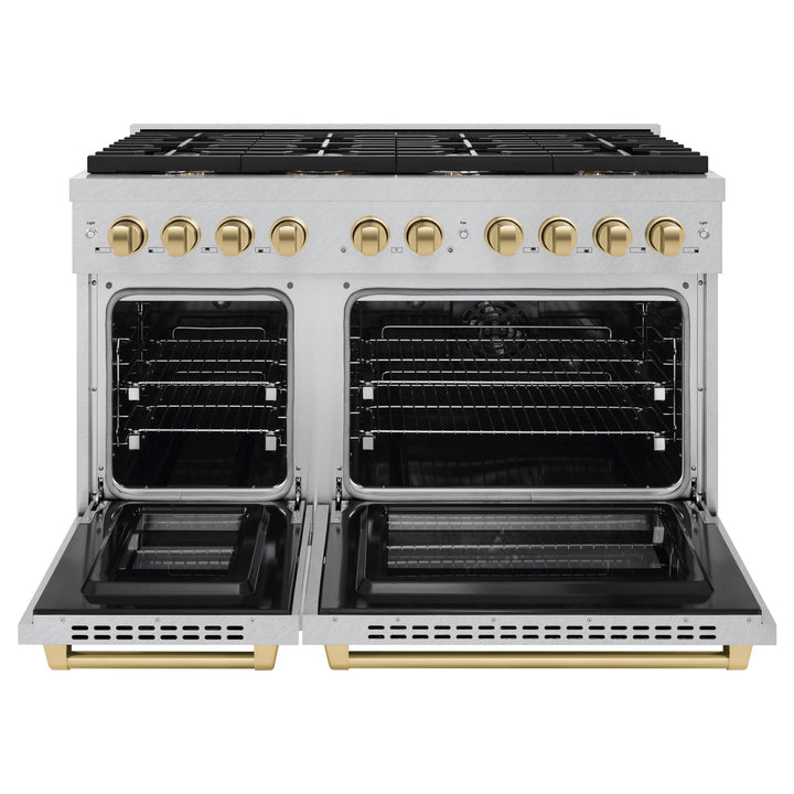 ZLINE Autograph Edition 48 in. 6.7 cu. ft. Paramount Double Oven Dual Fuel Range with 8 Burner Gas Cooktop in Satin Stainless Steel and Polished Gold Accents (SDRSZ-48-G)