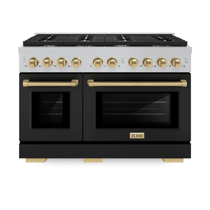 ZLINE Autograph Edition 48 in. 6.7 cu. ft. Paramount Double Oven Dual Fuel Range with 8 Burner Gas Cooktop in Satin Stainless Steel with Black Matte Doors and Champagne Bronze Accents (SDRSZ-BLM-48-CB)