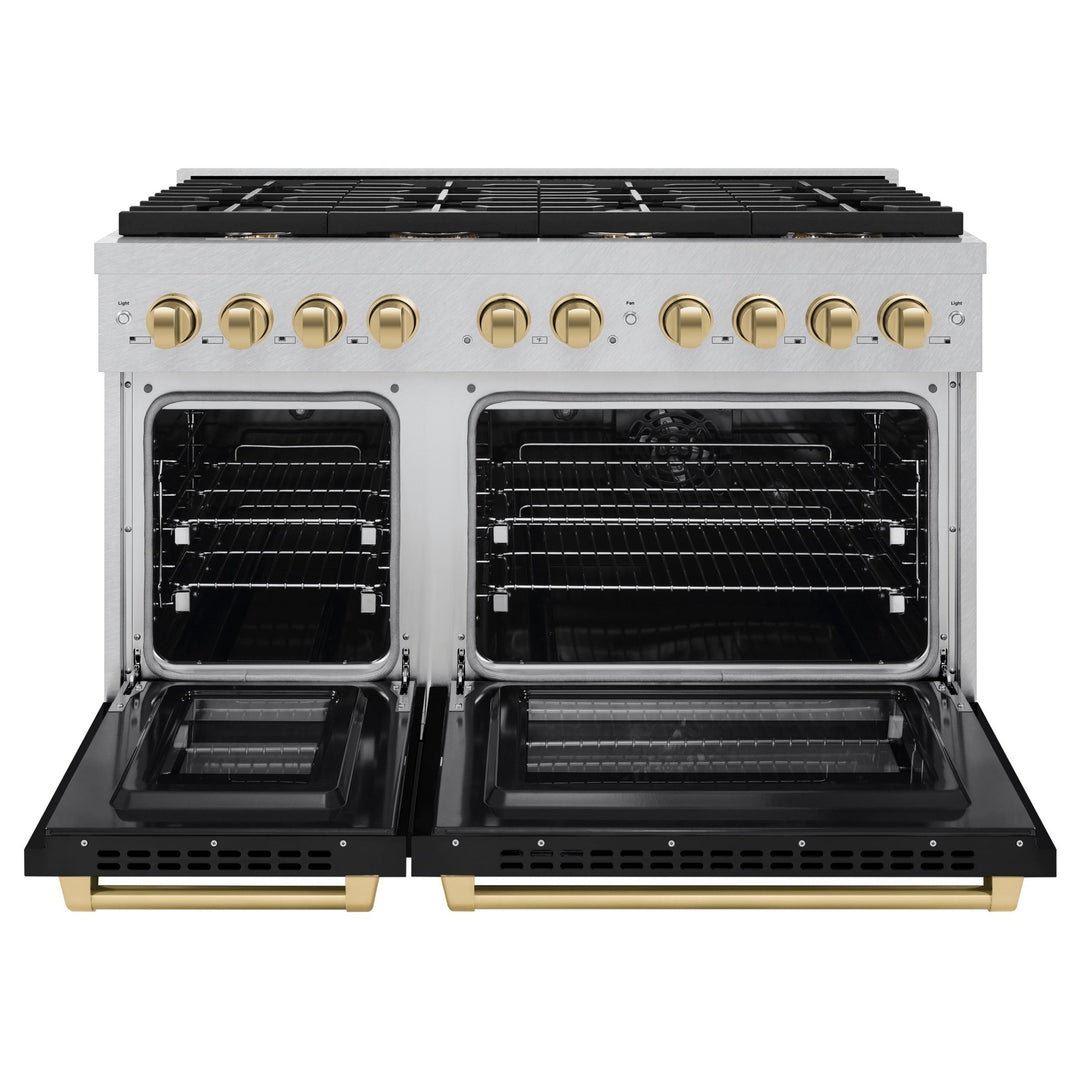 ZLINE Autograph Edition 48 in. 6.7 cu. ft. Paramount Double Oven Dual Fuel Range with 8 Burner Gas Cooktop in Satin Stainless Steel with Black Matte Doors and Champagne Bronze Accents (SDRSZ-BLM-48-CB)