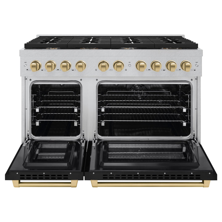 ZLINE Autograph Edition 48 in. 6.7 cu. ft. Paramount Double Oven Dual Fuel Range with 8 Burner Gas Cooktop in Satin Stainless Steel with Black Matte Doors and Champagne Bronze Accents (SDRSZ-BLM-48-CB)