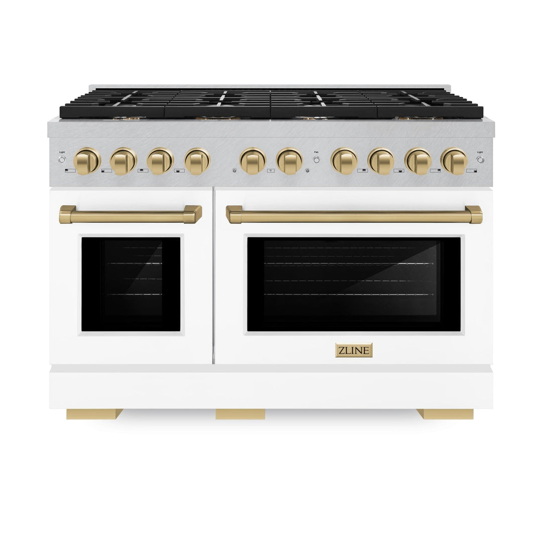 ZLINE Autograph Edition 48 in. 6.7 cu. ft. Paramount Double Oven Dual Fuel Range with 8 Burner Gas Cooktop in Satin Stainless Steel with White Matte Doors and Champagne Bronze Accents (SDRSZ-WM-48-CB)