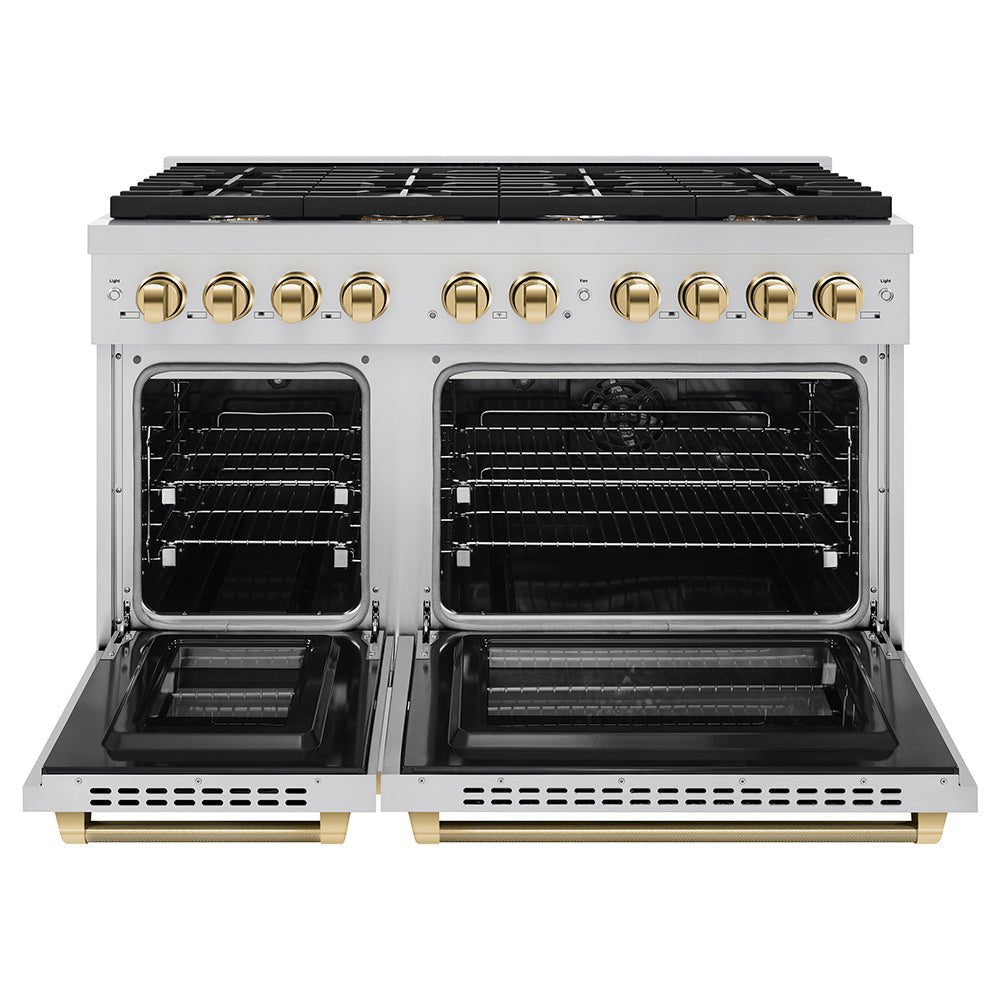 ZLINE Autograph Edition 48 in. 6.7 cu. ft. Paramount Double Oven Dual Fuel Range with 8 Burner Gas Cooktop in Stainless Steel and Polished Gold Helix Handles and Knob Accents (SDRZ-48-KG)