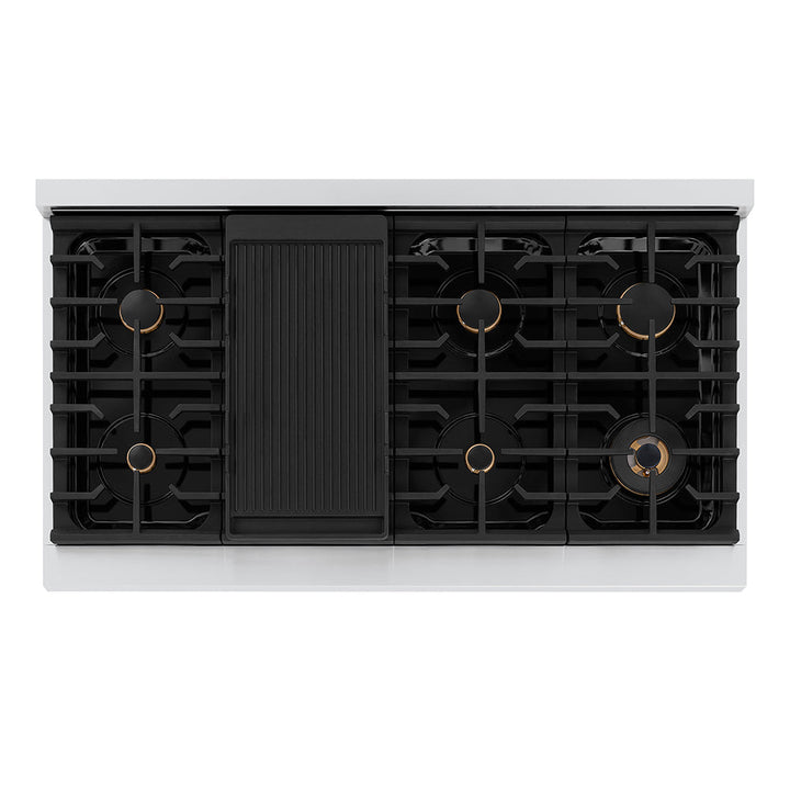 ZLINE Autograph Edition 48 in. 6.7 cu. ft. Paramount Double Oven Dual Fuel Range with 8 Burner Gas Cooktop in Stainless Steel and Polished Gold Helix Handles and Knob Accents (SDRZ-48-KG)