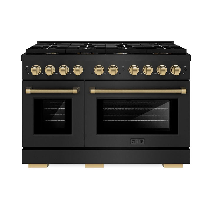 ZLINE Autograph Edition 48 in. 6.7 cu. ft. Paramount Double Oven Gas Range with 8 Burner Cooktop in Black Stainless Steel and Champagne Bronze Helix Handles and Knob Accents (SGRBZ-48-KCB)