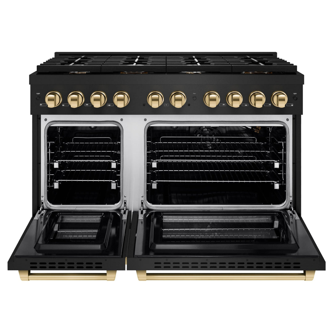ZLINE Autograph Edition 48 in. 6.7 cu. ft. Paramount Double Oven Gas Range with 8 Burner Cooktop in Black Stainless Steel and Polished Gold Accents (SGRBZ-48-G)
