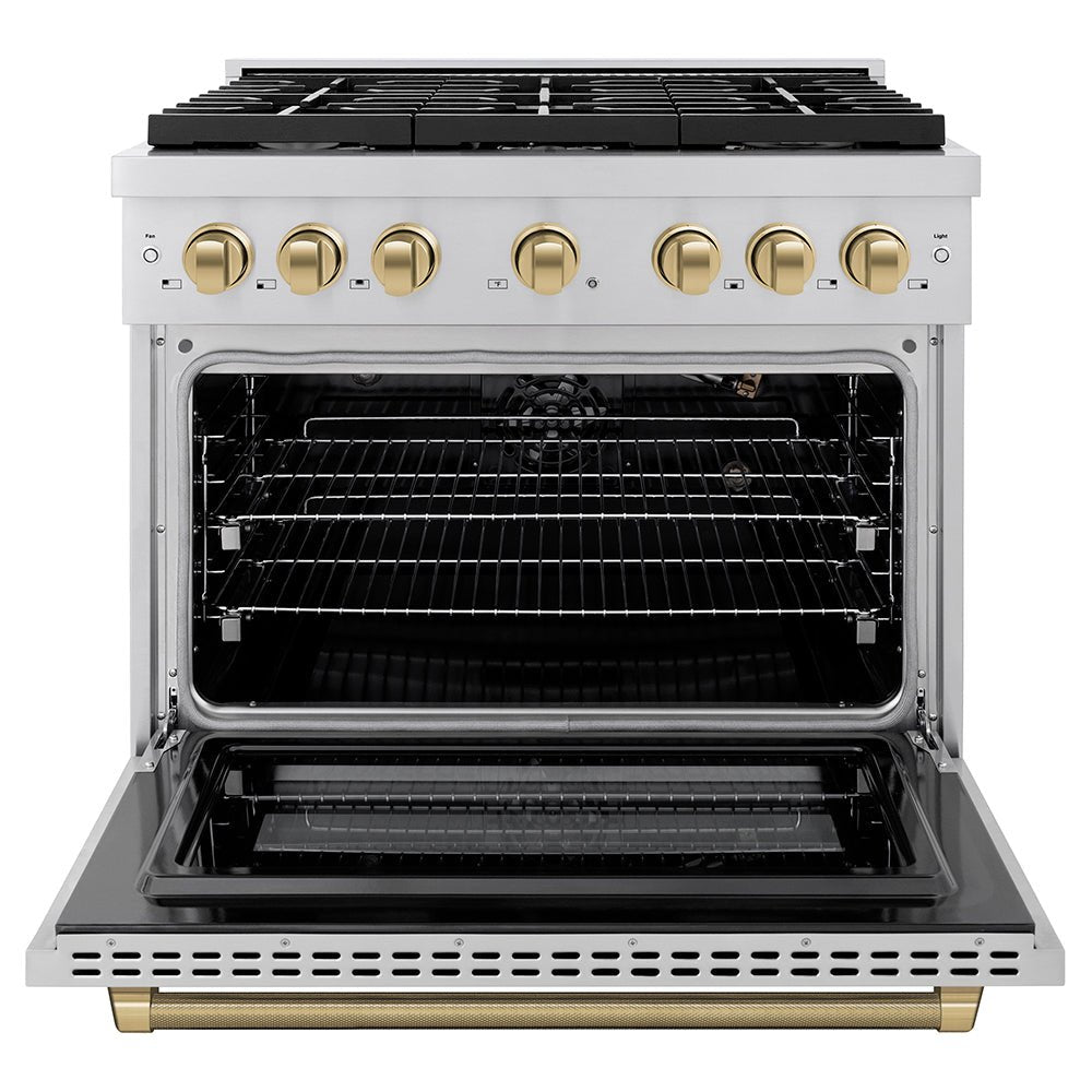 ZLINE Autograph Edition 48 in. 6.7 cu. ft. Paramount Double Oven Gas Range with 8 Burner Cooktop in Black Stainless Steel and Polished Gold Helix Handles and Knob Accents (SGRBZ-48-KG)