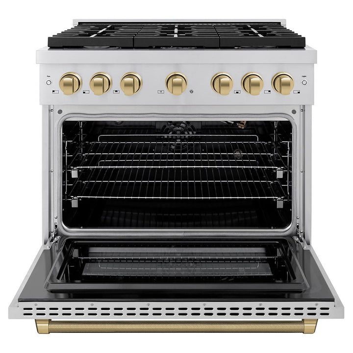 ZLINE Autograph Edition 48 in. 6.7 cu. ft. Paramount Double Oven Gas Range with 8 Burner Cooktop in Black Stainless Steel and Polished Gold Helix Handles and Knob Accents (SGRBZ-48-KG)