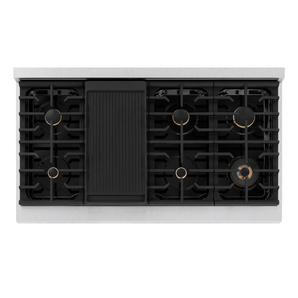 ZLINE Autograph Edition 48 in. 6.7 cu. ft. Paramount Double Oven Gas Range with 8 Burner Cooktop in Satin Stainless Steel and Polished Gold Accents (SGRSZ-48-G)