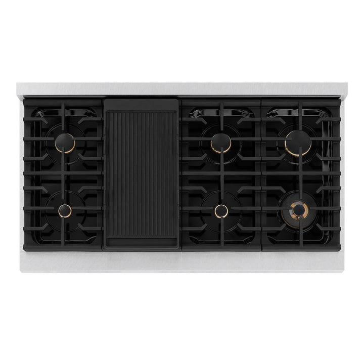 ZLINE Autograph Edition 48 in. 6.7 cu. ft. Paramount Double Oven Gas Range with 8 Burner Cooktop in Satin Stainless Steel and Polished Gold Accents (SGRSZ-48-G)