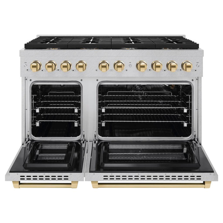 ZLINE Autograph Edition 48 in. 6.7 cu. ft. Paramount Double Oven Gas Range with 8 Burner Cooktop in Satin Stainless Steel and Polished Gold Accents (SGRSZ-48-G)