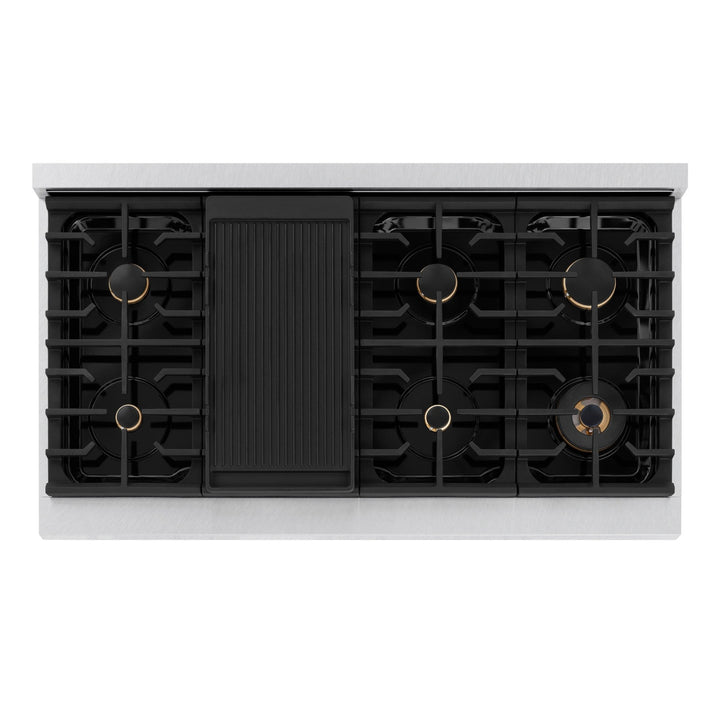 ZLINE Autograph Edition 48 in. 6.7 cu. ft. Paramount Double Oven Gas Range with 8 Burner Cooktop in Satin Stainless Steel with Black Matte Doors and Champagne Bronze Accents (SGRSZ-BLM-48-CB)
