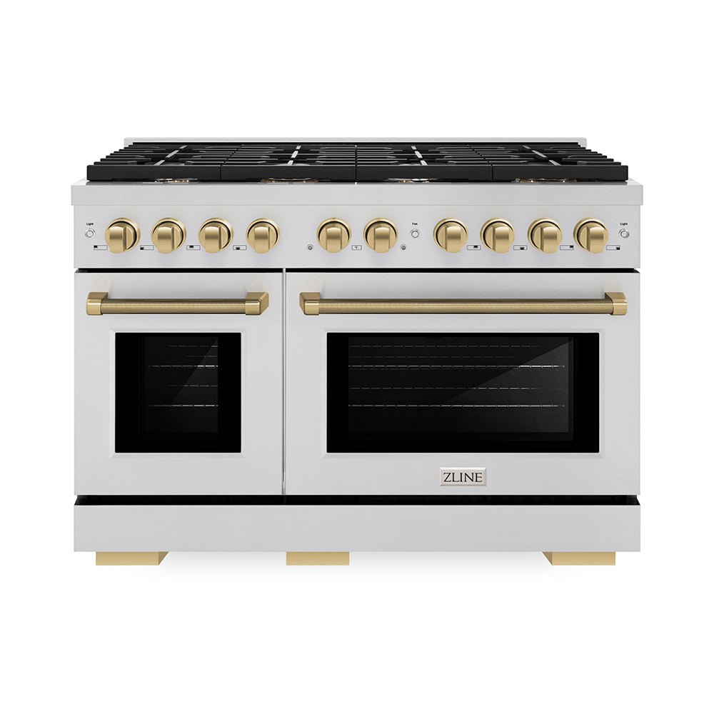 ZLINE Autograph Edition 48 in. 6.7 cu. ft. Paramount Double Oven Gas Range with 8 Burner Cooktop in Stainless Steel and Champagne Bronze Helix Handles and Knob Accents (SGRZ-48-KCB)
