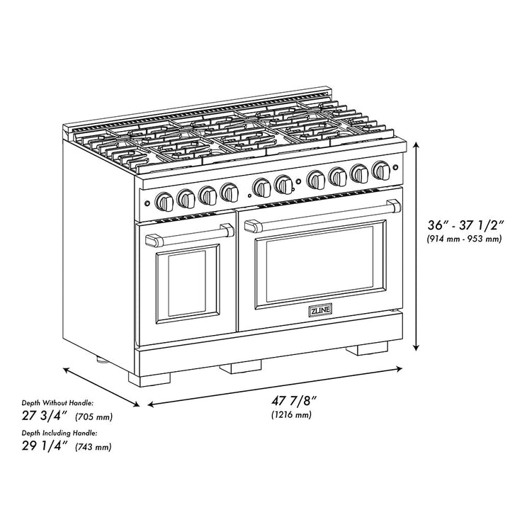 ZLINE Autograph Edition 48 in. 6.7 cu. ft. Paramount Double Oven Gas Range with 8 Burner Cooktop in Stainless Steel and Polished Nickel Helix Handles and Knob Accents (SGRZ-48-KPN)