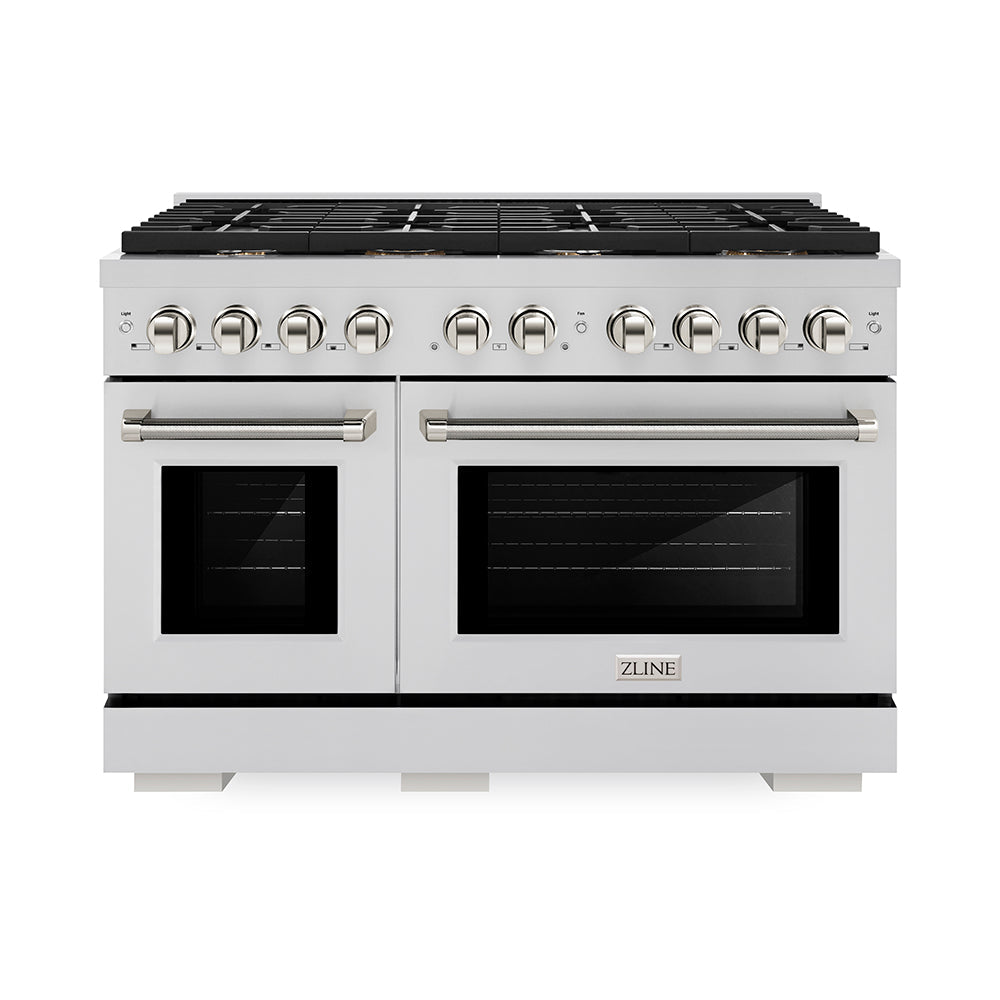 ZLINE Autograph Edition 48 in. 6.7 cu. ft. Paramount Double Oven Gas Range with 8 Burner Cooktop in Stainless Steel and Polished Nickel Helix Handles and Knob Accents (SGRZ-48-KPN)