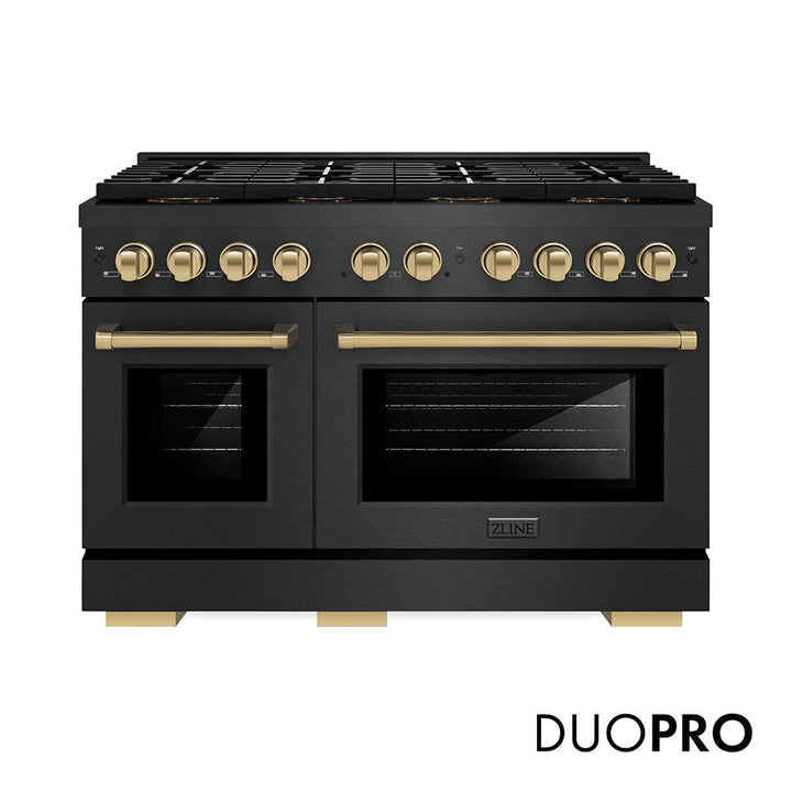 ZLINE Autograph Edition 48 in. 6.7 cu. ft. Paramount Dual Fuel Range with 8 Burner DuoProâ„¢ Cooktop and Dual Ovens in Black Satin Stainless Steel and Champagne Bronze Accents (PSDRBSZ-48-CB)