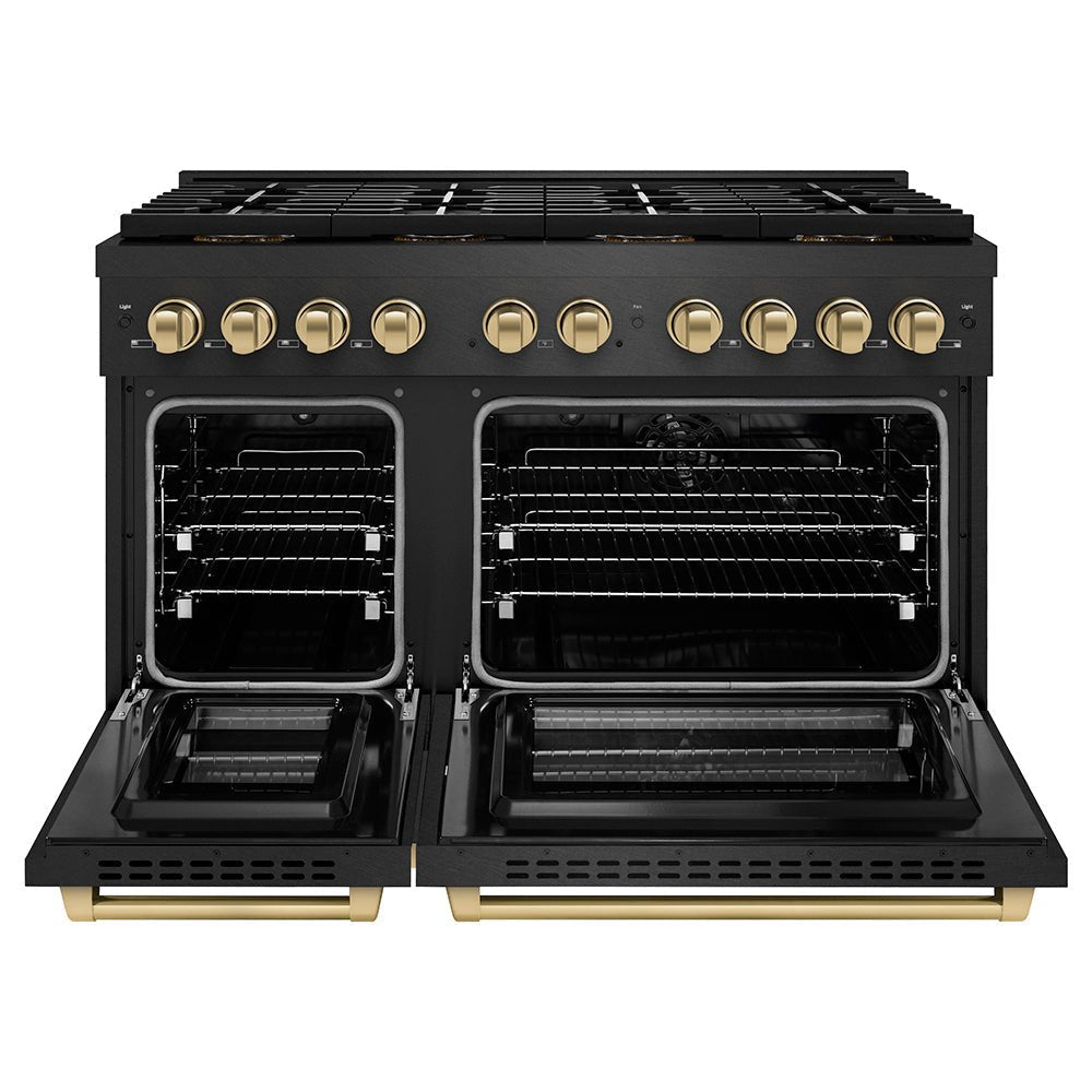 ZLINE Autograph Edition 48 in. 6.7 cu. ft. Paramount Dual Fuel Range with 8 Burner DuoProâ„¢ Cooktop and Dual Ovens in Black Satin Stainless Steel and Champagne Bronze Accents (PSDRBSZ-48-CB)