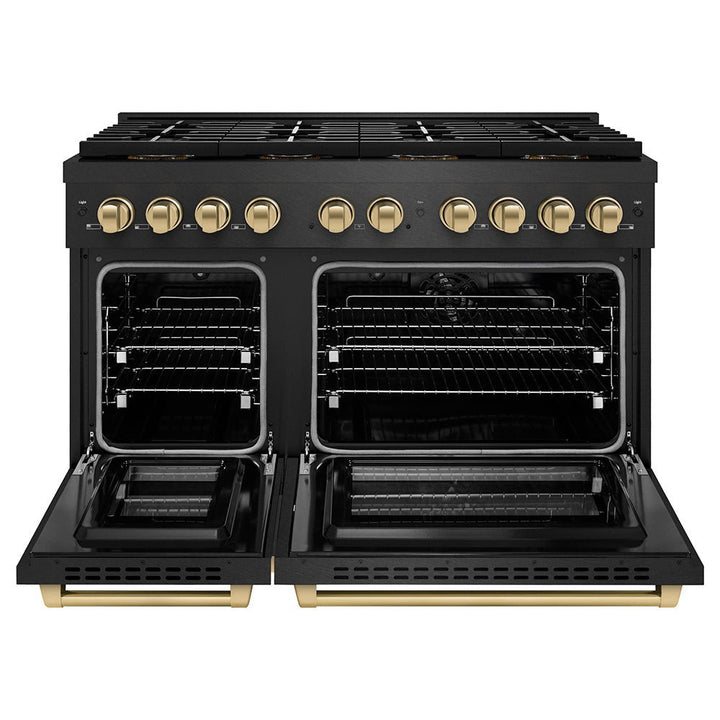 ZLINE Autograph Edition 48 in. 6.7 cu. ft. Paramount Dual Fuel Range with 8 Burner DuoProâ„¢ Cooktop and Dual Ovens in Black Satin Stainless Steel and Champagne Bronze Accents (PSDRBSZ-48-CB)