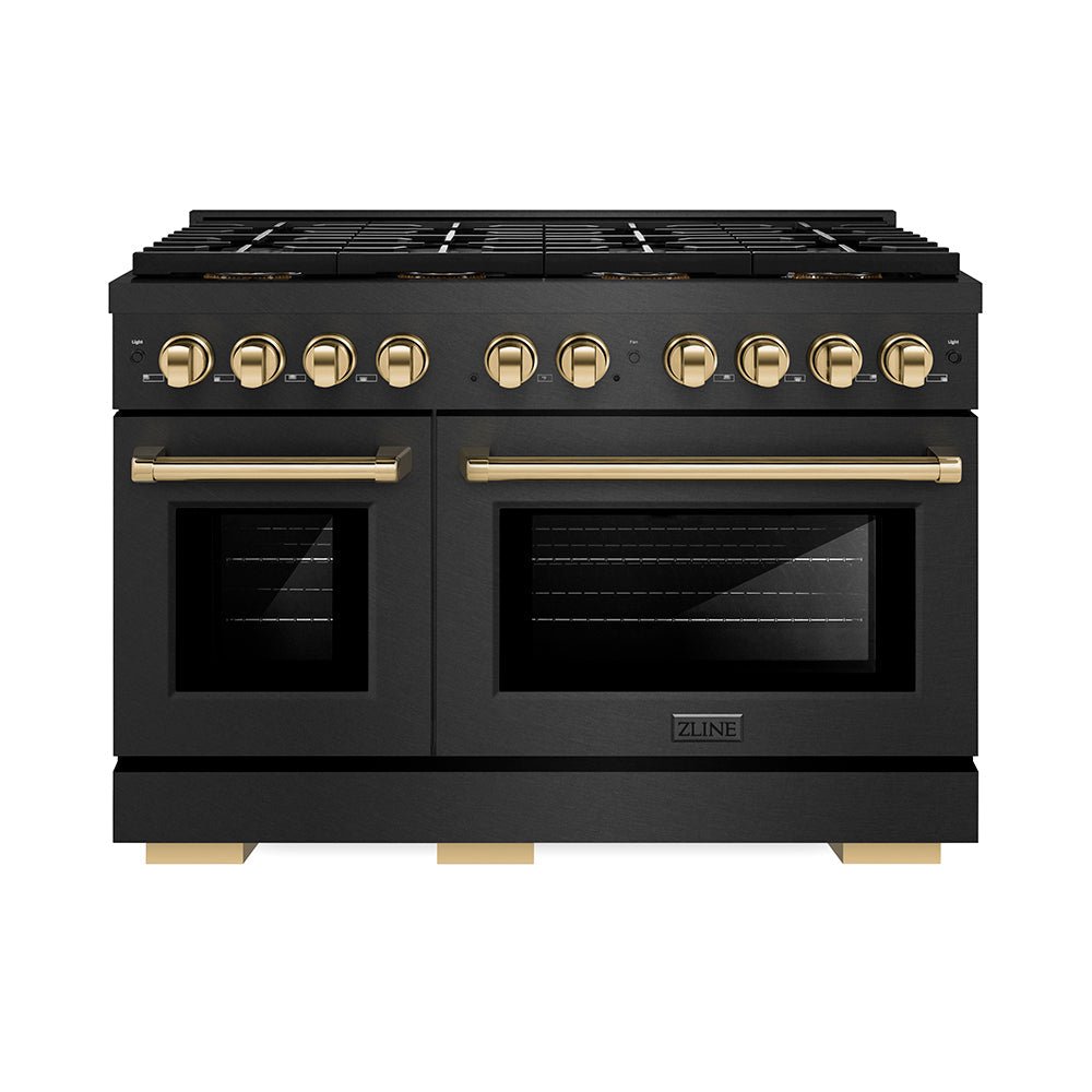 ZLINE Autograph Edition 48 in. 6.7 cu. ft. Paramount Dual Fuel Range with 8 Burner DuoProâ„¢ Cooktop and Dual Ovens in Black Satin Stainless Steel and Polished Gold Accents (PSDRBSZ-48-G)