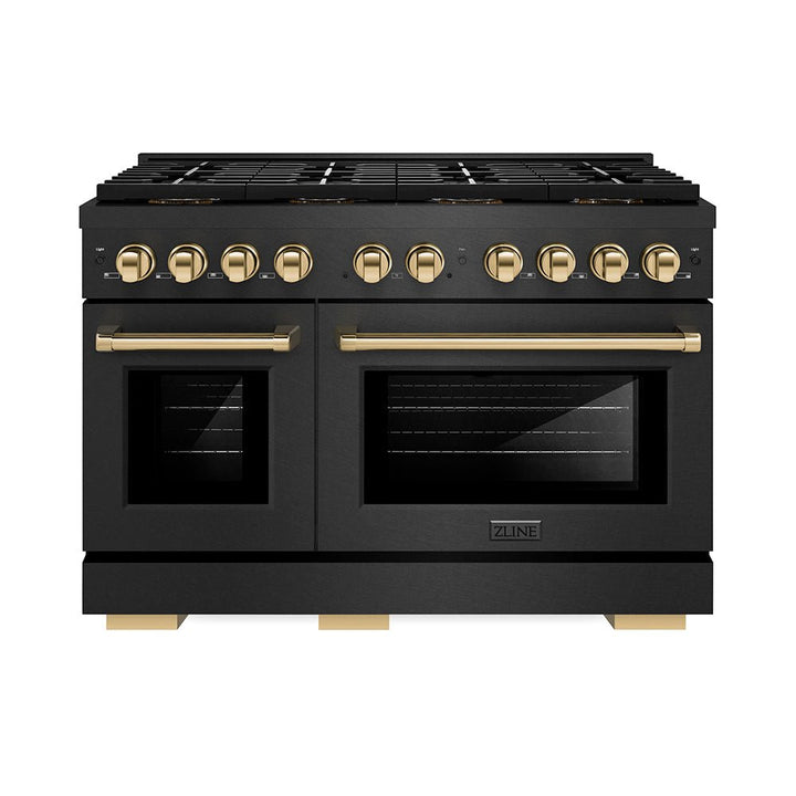 ZLINE Autograph Edition 48 in. 6.7 cu. ft. Paramount Dual Fuel Range with 8 Burner DuoProâ„¢ Cooktop and Dual Ovens in Black Satin Stainless Steel and Polished Gold Accents (PSDRBSZ-48-G)