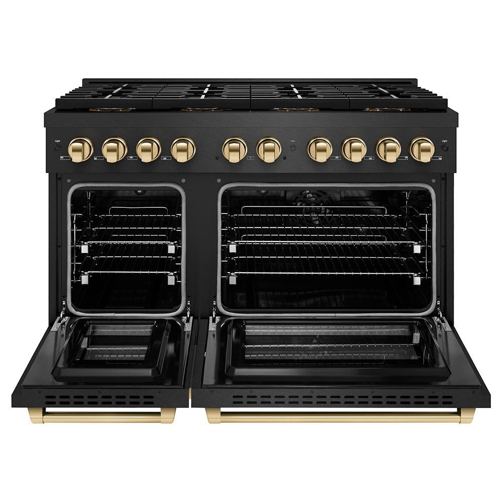 ZLINE Autograph Edition 48 in. 6.7 cu. ft. Paramount Dual Fuel Range with 8 Burner DuoProâ„¢ Cooktop and Dual Ovens in Black Satin Stainless Steel and Polished Gold Accents (PSDRBSZ-48-G)