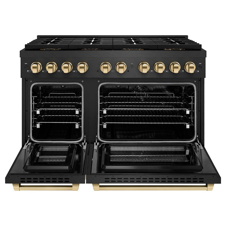 ZLINE Autograph Edition 48 in. 6.7 cu. ft. Paramount Dual Fuel Range with 8 Burner DuoProâ„¢ Cooktop and Dual Ovens in Black Satin Stainless Steel and Polished Gold Accents (PSDRBSZ-48-G)