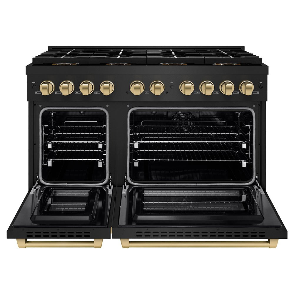 ZLINE Autograph Edition 48 in. 6.7 cu. ft. Paramount Dual Fuel Range with 8 Burner DuoProâ„¢ Cooktop and Dual Ovens in Black Stainless Steel and Champagne Bronze Accents (PSDRBZ-48-CB)
