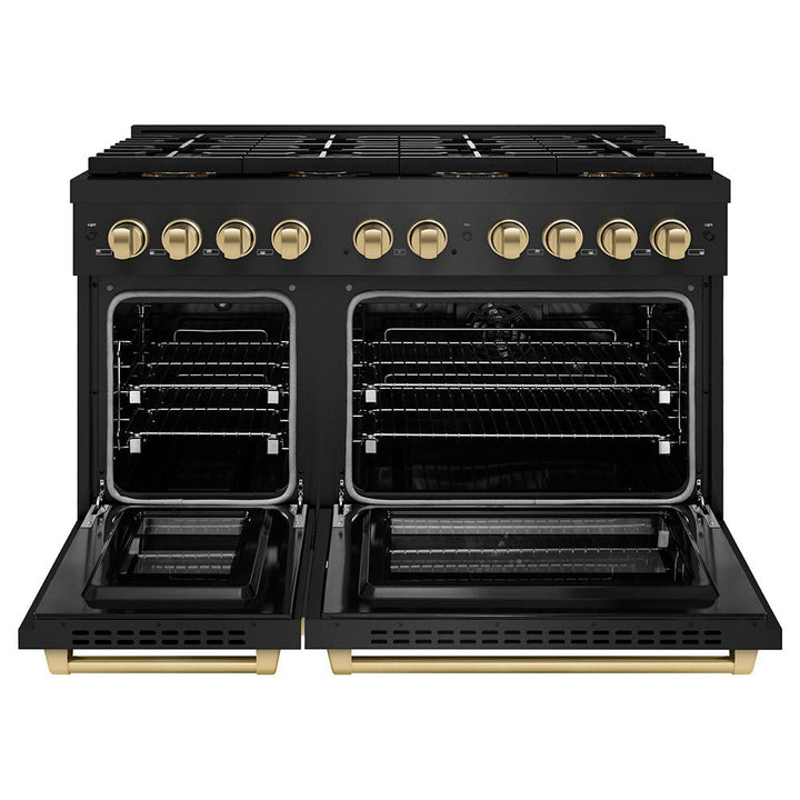 ZLINE Autograph Edition 48 in. 6.7 cu. ft. Paramount Dual Fuel Range with 8 Burner DuoProâ„¢ Cooktop and Dual Ovens in Black Stainless Steel and Champagne Bronze Accents (PSDRBZ-48-CB)