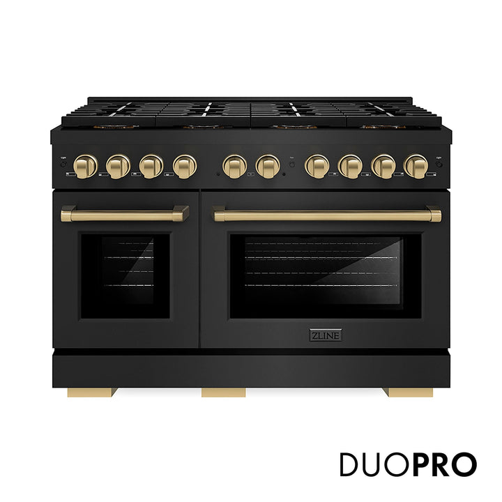 ZLINE Autograph Edition 48 in. 6.7 cu. ft. Paramount Dual Fuel Range with 8 Burner DuoProâ„¢ Cooktop and Dual Ovens in Black Stainless Steel and Champagne Bronze Accents (PSDRBZ-48-CB)