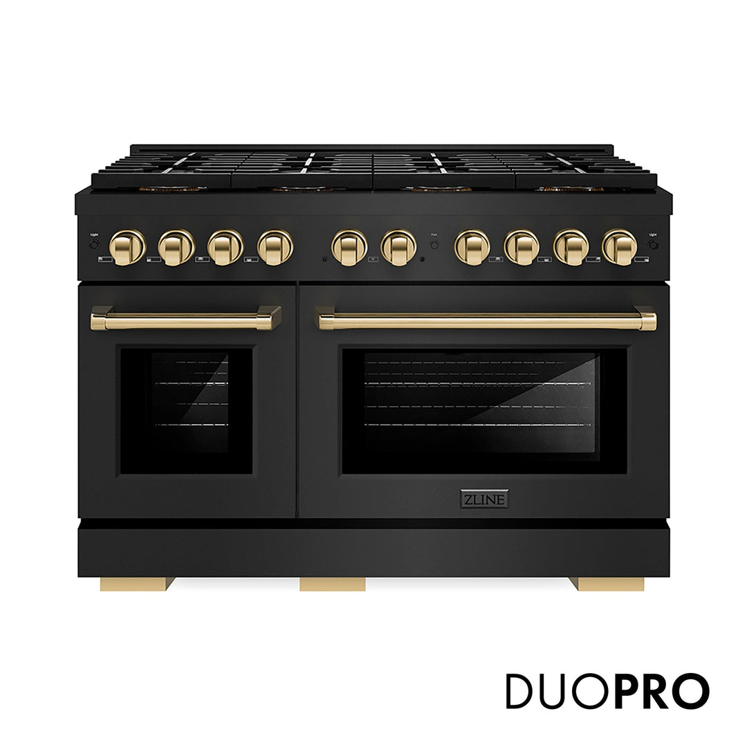 ZLINE Autograph Edition 48 in. 6.7 cu. ft. Paramount Dual Fuel Range with 8 Burner DuoProâ„¢ Cooktop and Dual Ovens in Black Stainless Steel and Polished Gold Accents (PSDRBZ-48-G)