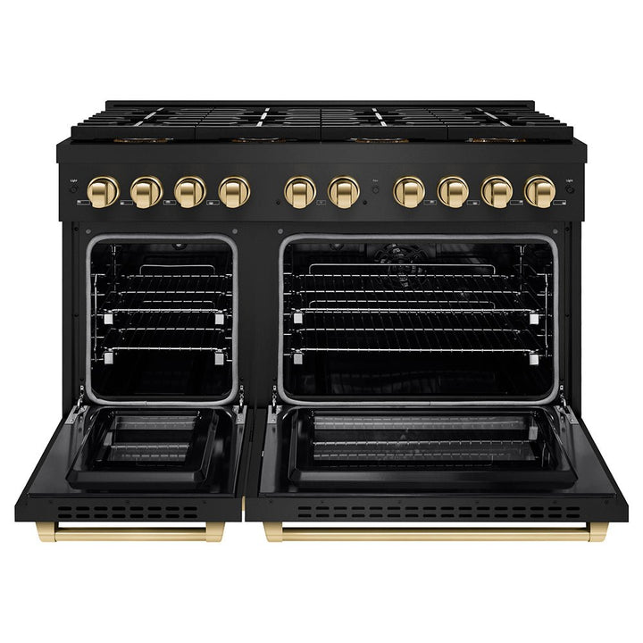 ZLINE Autograph Edition 48 in. 6.7 cu. ft. Paramount Dual Fuel Range with 8 Burner DuoProâ„¢ Cooktop and Dual Ovens in Black Stainless Steel and Polished Gold Accents (PSDRBZ-48-G)