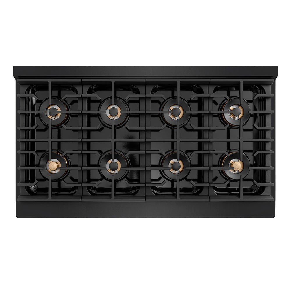 ZLINE Autograph Edition 48 in. 6.7 cu. ft. Paramount Dual Fuel Range with 8 Burner DuoProâ„¢ Cooktop and Dual Ovens in Black Stainless Steel and Polished Gold Accents (PSDRBZ-48-G)