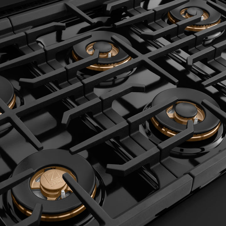 ZLINE Autograph Edition 48 in. 6.7 cu. ft. Paramount Dual Fuel Range with 8 Burner DuoProâ„¢ Cooktop and Dual Ovens in Black Stainless Steel with Champagne Bronze Helix Handles and Accents (PSDRBZ-48-KCB)