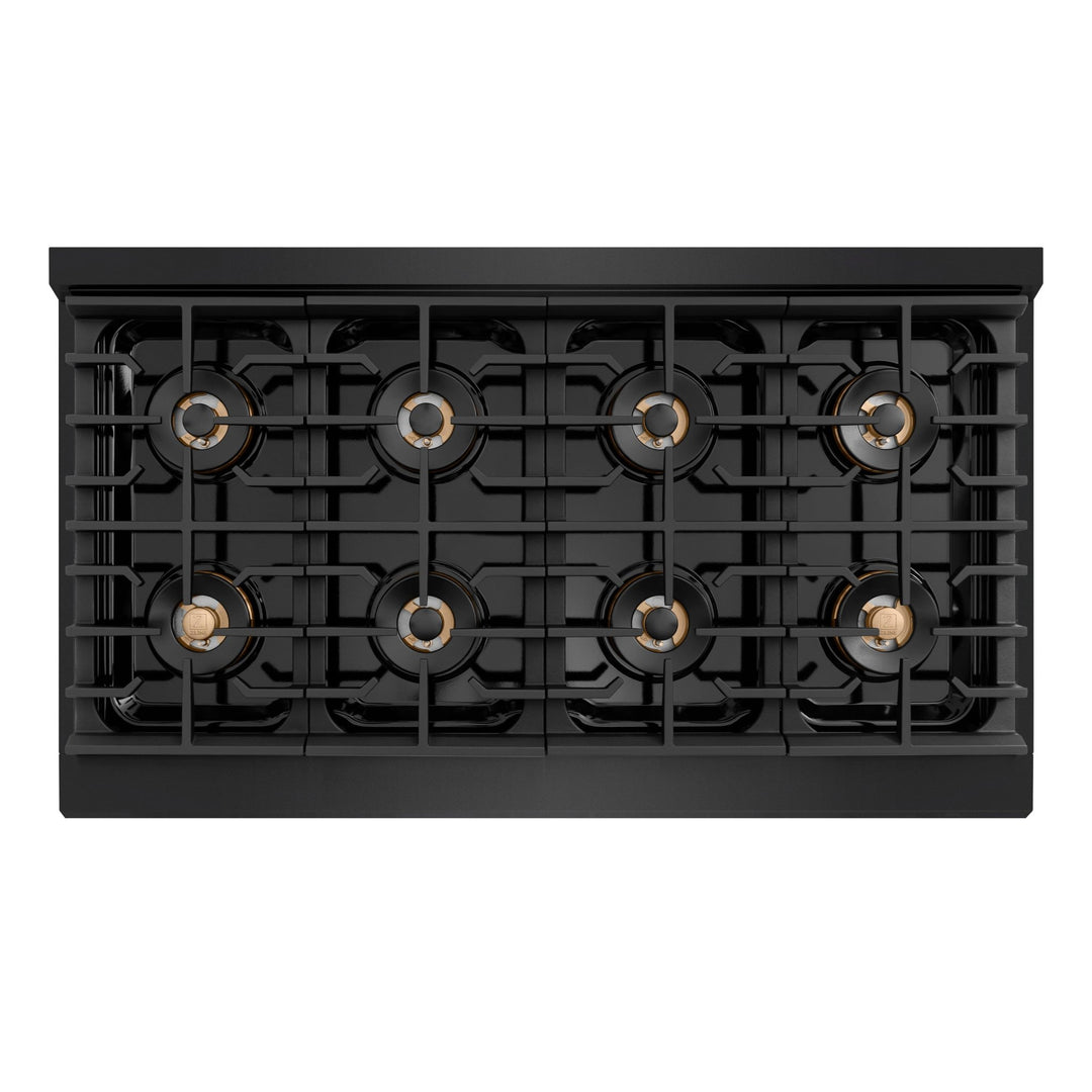 ZLINE Autograph Edition 48 in. 6.7 cu. ft. Paramount Dual Fuel Range with 8 Burner DuoProâ„¢ Cooktop and Dual Ovens in Black Stainless Steel with Champagne Bronze Helix Handles and Accents (PSDRBZ-48-KCB)